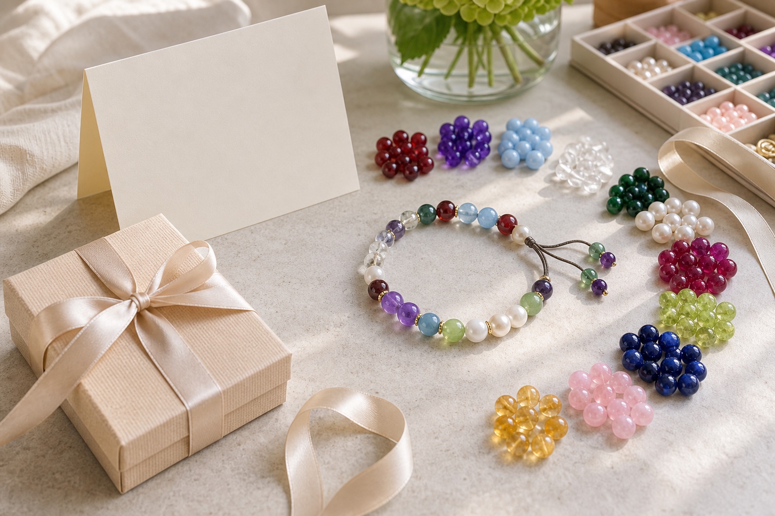 Birthday jewelry gift planning with custom bracelet beads and blank card